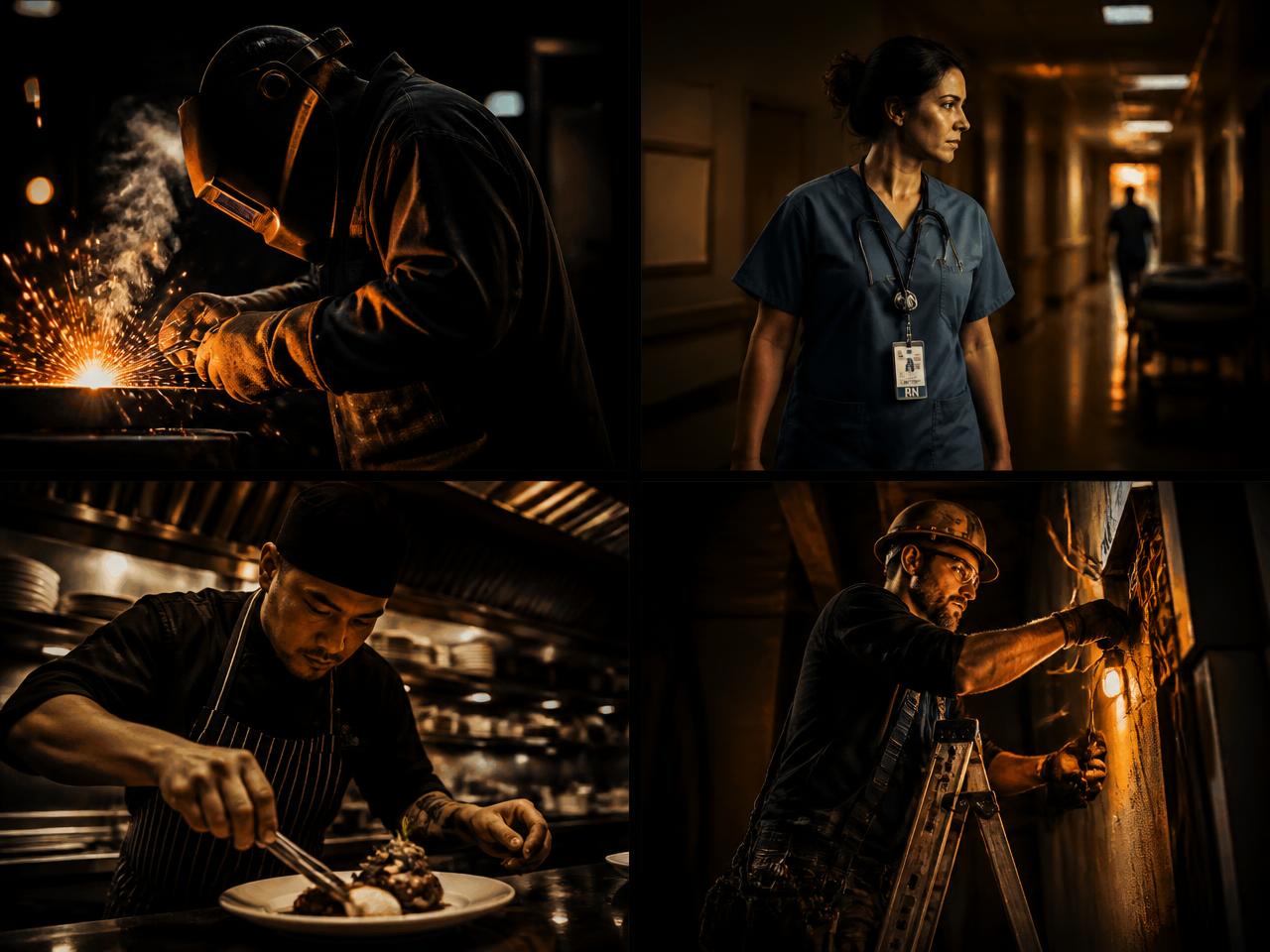 Welder, nurse, line cook and electrician at work